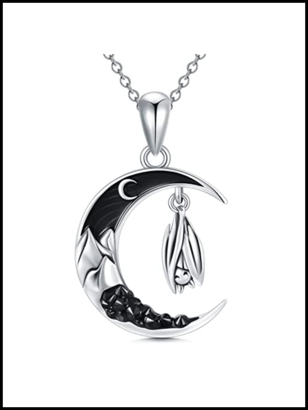 Gothic Sterling Silver Moon Bat Necklace with Cubic Zirconia - Halloween Jewelry
